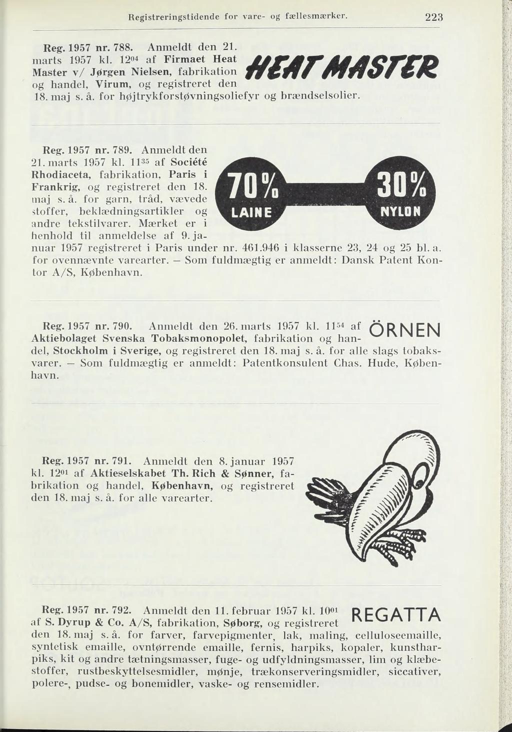223 Reg. 1957 nr. 788. Anmeldt den 21. marts 1957 kl. 1204 af Firmaet Heat ÉÉjå Master v/ Jørgen Nielsen, fabrikation og handel, Virum, og registreret den 18. maj s. å.
