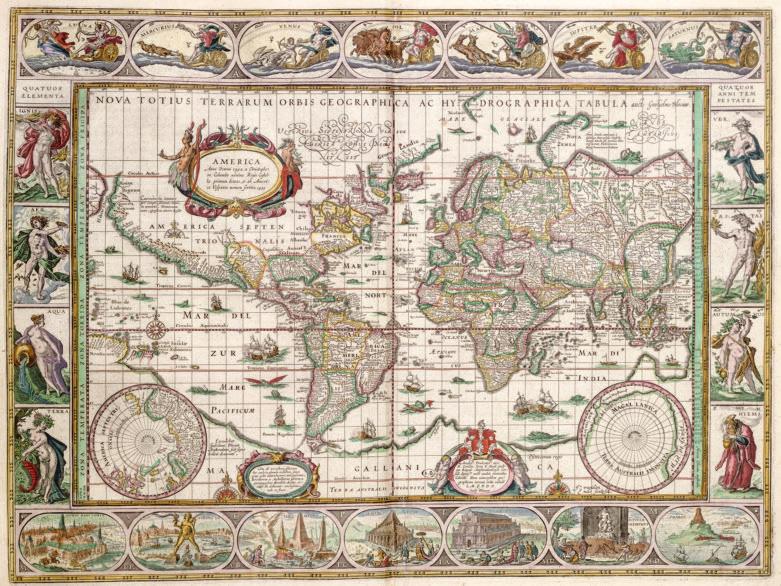 Fig. 1 Nederst i rammen om Willem Janszoons verdenskort fra 1606