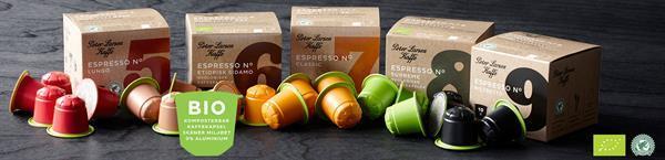 eksempelvis Nespresso-kapsler fra Peter Larsen, som er lavet af fibre fra sukkerrør. Dette bevirker, at de er komposterbare og vil være nedbrudt efter ca. 12 uger.