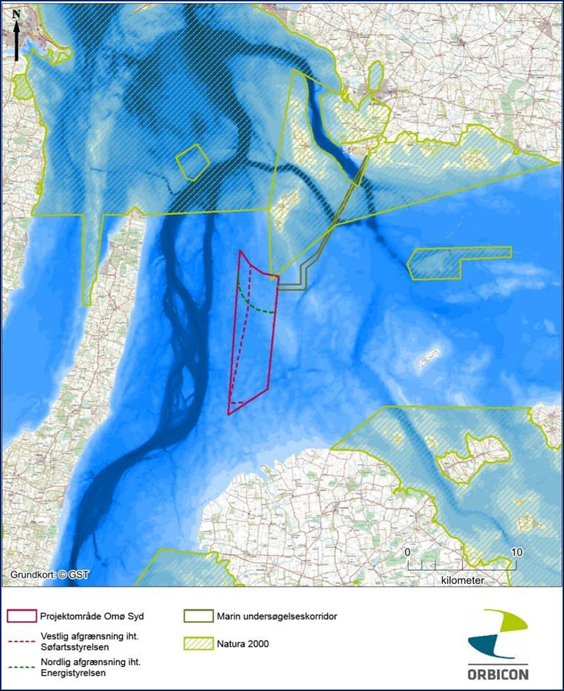 Figur 3-1 Natura 2000-områder omkring det foreslåede mølleområde og kabelføringen. Natura 2000-område nr.