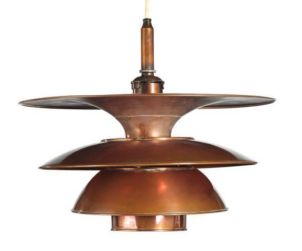 1211 1211 POUL HENNINGSEN b. Ordrup 1894, d. Hillerød 1967 "PH-Four Shade Lamp". Rare 4/4½/4 pendant, bayonet socket house and canopy of browned brass with patinated copper shades.