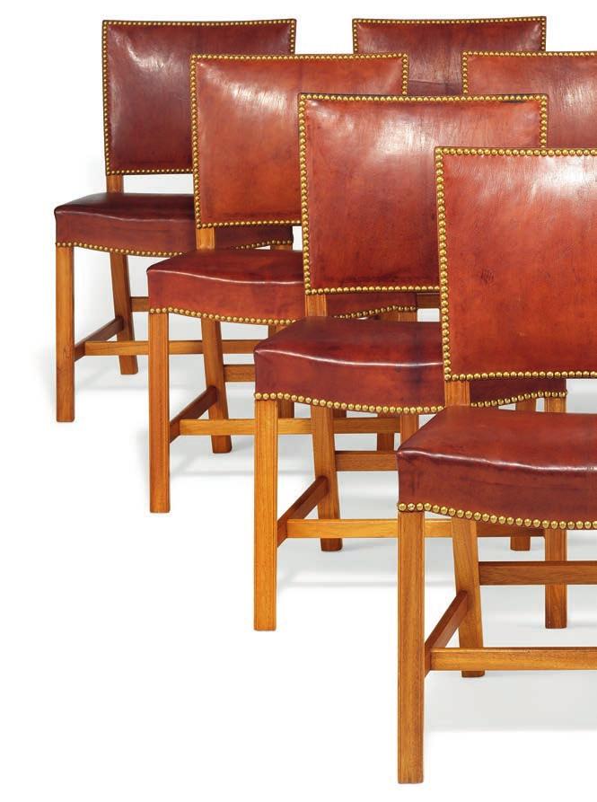 1213 1213 KAARE KLINT b. Frederiksberg 1888, d. Copenhagen 1954 "The Red Chair". A set of 10 chairs with profiled Cuban mahogany frame.