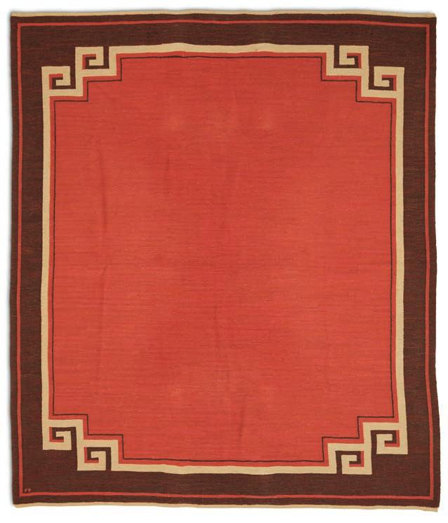 1252 1252 POLLY BJÖRKMAN Flatwoven Art Deco carpet of wool in orange/red, brown and grey shades. Signed PB. This example made approx.