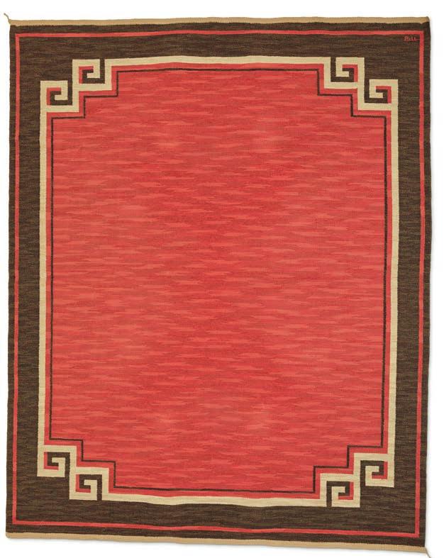 1253 1253 POLLY BJÖRKMAN Flatwoven Art Deco carpet of wool in red, brown and grey shades. Signed TPB. This example made approx.
