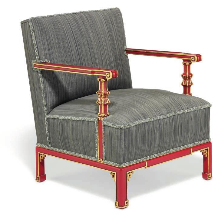 1254 OTTO SCHULZ b. Tyskland 1882, d. Sverige 1970, Sweden. 20th century. A pair of "Swedish Grace" à la Chinoise easy chairs with red lacquered frames carved with profiles painted in gold.