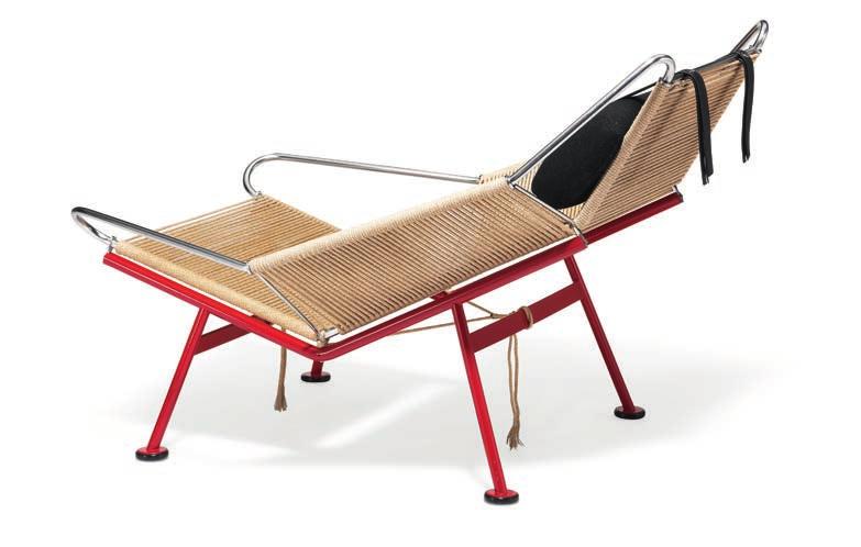 1314 HANS J. WEGNER b. Tønder 1914, d. Gentofte 2007 "Flag Halyard Chair". Easy chair with original red lacquered steel frame with black rubber shoes. Chromed steel top with complete flag halyard.