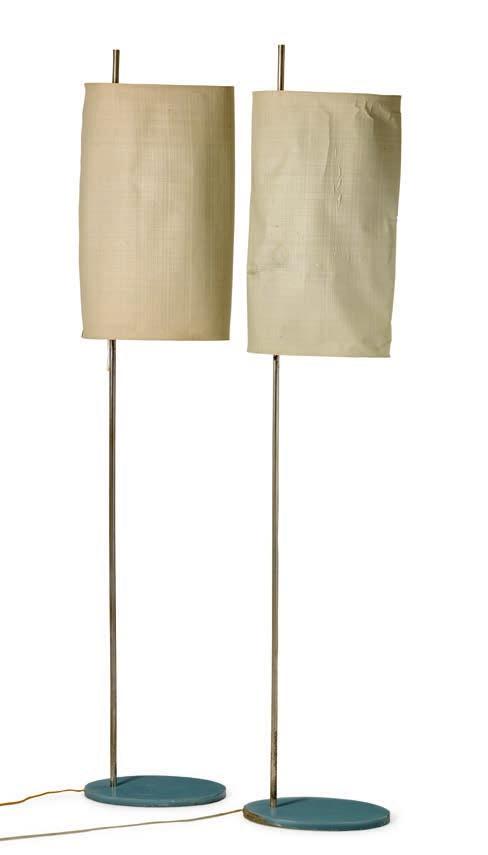1320 ARNE JACOBSEN b. Copenhagen 1902, d. s.p. 1971 A pair of "AJ" Floor lamps. Blue painted metal base with shade of sand coloured canvas. These examples manufactured approx. 1960s by Louis Poulsen.