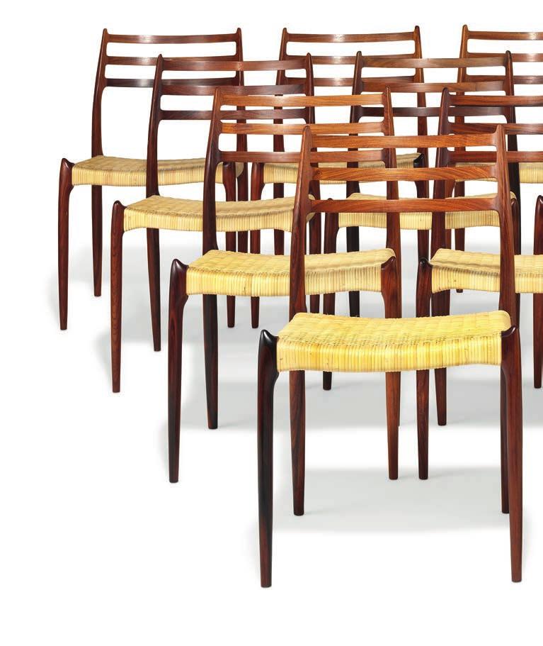 1347 1347 NIELS O. MØLLER b. 1920, d. 1982 A set of 14 Brazilian rosewood chairs, horizontal bars in back. Seats with new woven cane.