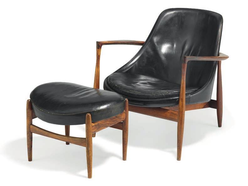 1386 * IB KOFOD-LARSEN b. 1921, d. 2003 "Elizabeth". Easy chair and matching stool with Brazilian rosewood frame. Sides, back and loose seat cushion upholstered with original black leather.