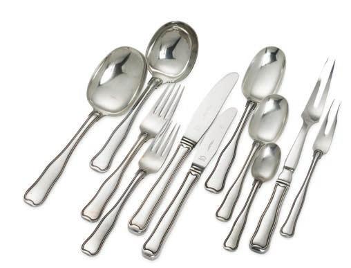 1124 HARALD NIELSEN b. Baarse 1892, d. 1977 "Old Danish". Sterling silver cutlery. Georg Jensen after 1945. Designed 1947. Weight excluding pieces with steel 2027 gr.