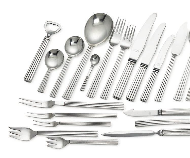 1130 1130 SIGVARD BERNADOTTE b. 1907, d. 2002 "Bernadotte". Sterling silver cutlery. Georg Jensen 1933-1944, 1945-1951 and after 1945. Designed 1939. Weight excluding pieces with steel 3938 gr.
