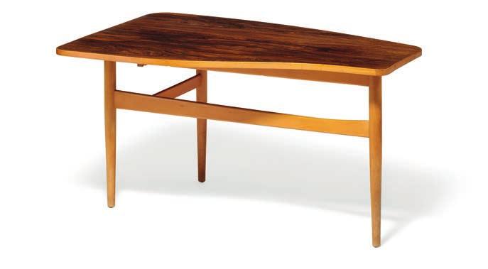 1180 FINN JUHL b. Frederiksberg 1912, d. Ordrup 1989 Coffee table with three legged beech frame, asymmetrical Brazilian rosewood top with flip-down leaf. Designed 1952.
