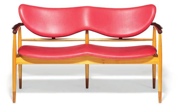 1183 FINN JUHL b. Frederiksberg 1912, d. Ordrup 1989 "FJ 48". A two seater sofa bench with frame of cherry, shoes, back and armrests of teak.