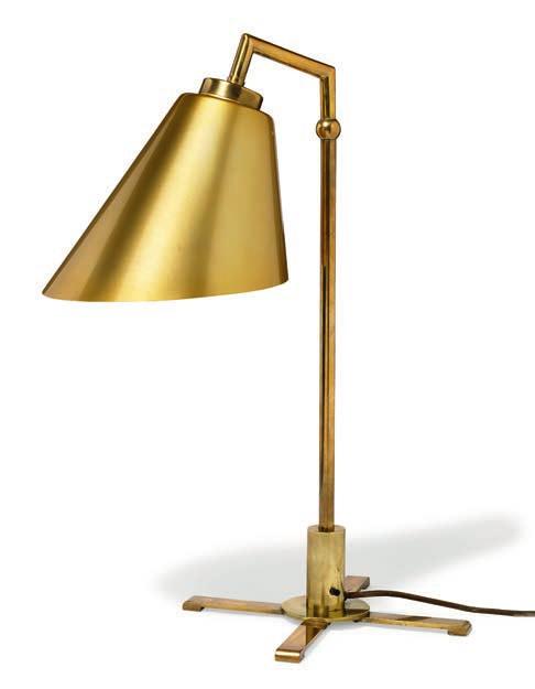 1188 FRITS SCHLEGEL b. Frederiksberg 1896, d. Ordrup 1965 A polished brass table lamp with adjustable, conical shade. Base in the shape of a cross. Model B29. This example manufactured 1950s by Lyfa.
