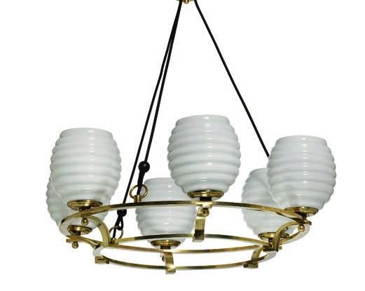 1190 1190 LYFA A pair of six-armed Art deco brass chandeliers with white opaque glass shades. Model K 226.