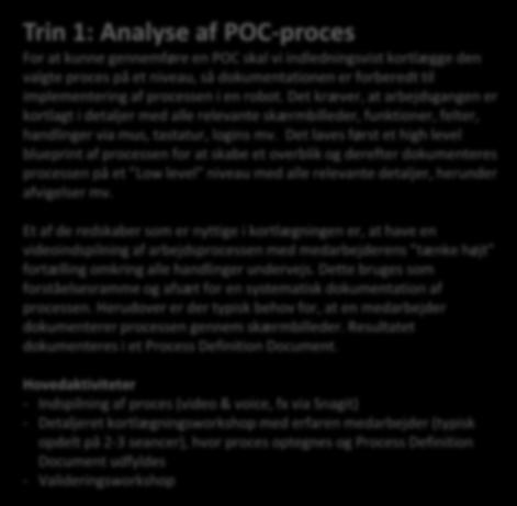 Option Trin 1: Procesanalyse og teknisk design Trin 1: Analyse af POC-proces For at kunne gennemføre en POC skal vi indledningsvist kortlægge den valgte proces på