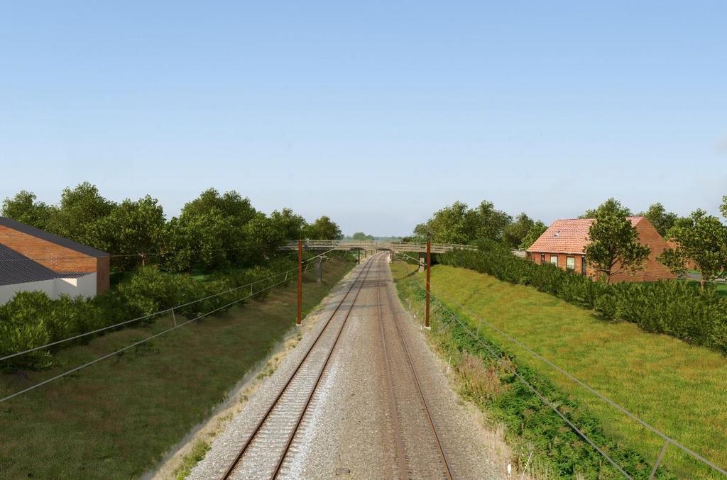 I Hedensted er stationsmiljøet forholdsvis åbent. I Løsning vil jernbanen blive mere synlig som følge af rydning af beplantning.
