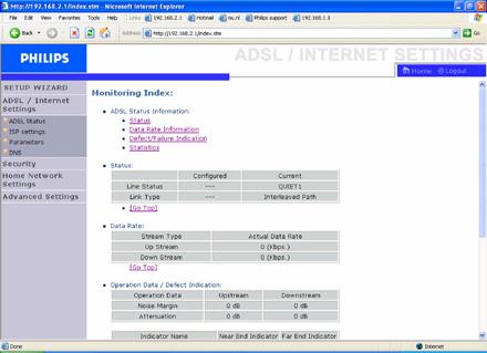4.3 Websider med ADSL / internet-indstillinger 4.3.4 DNS 4.3.1 ADSL-status/ADSL status Klik på ADSL Status, som findes på venstre side af skærmen.