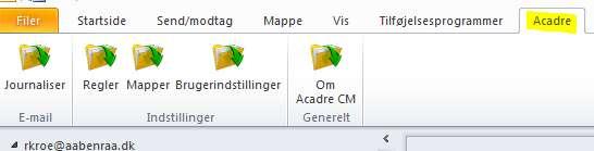 Aktivering af Avanceret Outlook integration (AOI) Åben i ikonet Acadre CM Advanced Outlook Integration