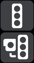 Symbol vist på kortet Symbol vist på rutebjælken Beskrivelse Sandsynlige placeringer af mobile fotofælder - denne type advarsel viser steder, hvor der ofte bruges mobile fotofælder.