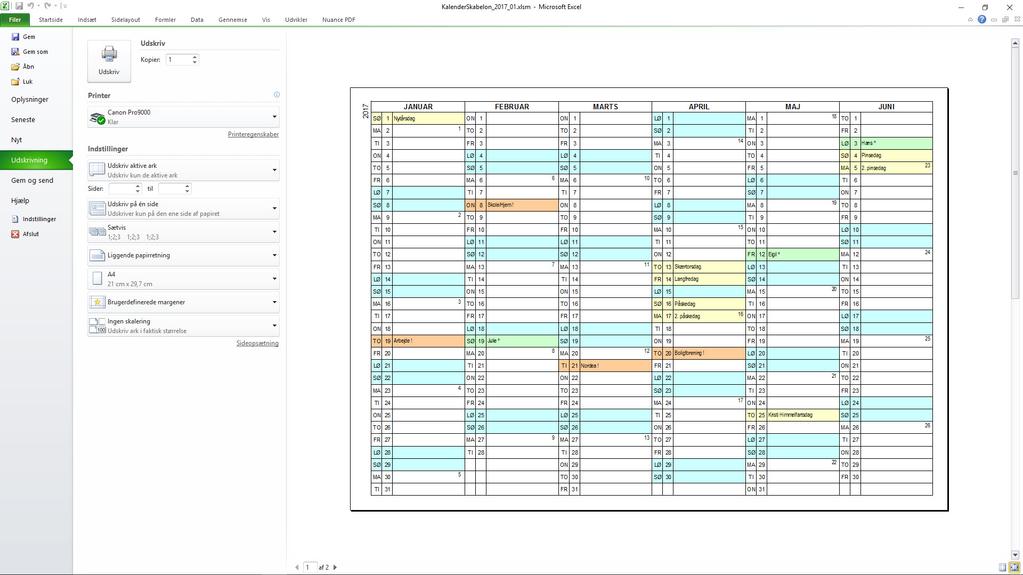 Opdatere justering ¾ Kalenderen er formateret, så teksten i de felter, du kan skrive i, står til venstre midt i cellen.