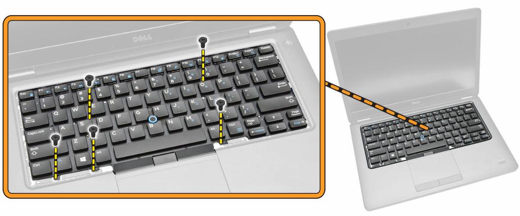 5. Fjern tastaturet fra computeren. Sådan installeres tastaturet 1. Placer tastaturet så det passer med skrueholderne i computeren. 2.