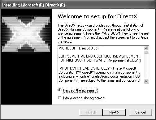DirectX 9.0c. Hvis ikke, skal du gå til trin 14. 1 Læs [License Agreement], og klik derefter på [Next].