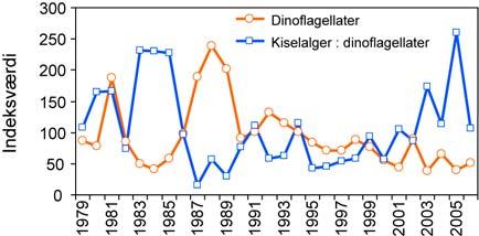 Udviklingen i dinoflagellater samt forholdet mellem kiselalger og dinoflagellater blev analyseret på tilsvarende måde.