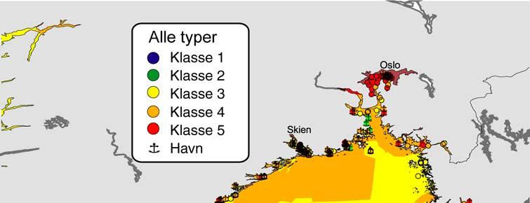 Figur 14.6 GIS-baseret modellering af fordeling og risiko af TBT i Skagerrak-Kattegat regionen. Baseret på klassificeringssystemet i tabel 14.1 og data fra 1996-2005 (Strand et al. 2006).