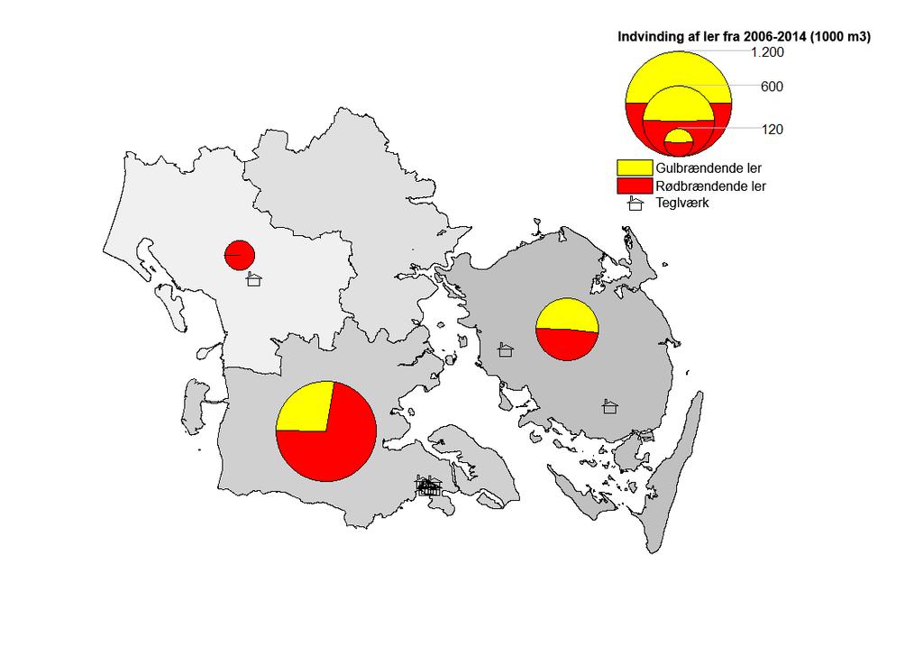 Figur 4 - Indvinding af ler (2006-2014) og placeringen af teglværker.