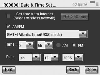 Hav de rette indstillinger Date & Time Settings (Indstilling af dato og klokkeslæt) Du kan få RC9800i til at hente oplysninger om dato og klokkeslæt fra dedikerede tidsservere på Internettet, eller