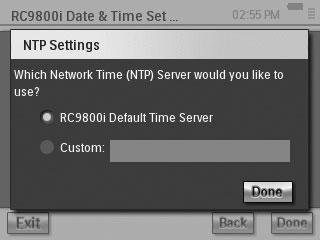 NTP-indstillingerne vises: 3 Vælg RC9800i Default Time Server (Standardtidsserver) på listen. -ellervælg en Custom Server (Brugerdefineret server), og udfyld serveradressen.