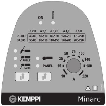 Minarc 220 / Kemppi Oy / 1117 2.6 BETJENING OG INDIKATORER 1. 2. 6. 3. 4. 5. 1. Standby-indikator. I VRD-udgaven findes en VRD-sikkerhedsindikator (se VRD-funktionen) 2. Indikator for overophedning.