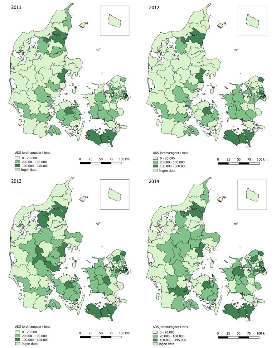 Figur 4-25 Opgørelse på kommuneniveau over jordmængder, som er flyttet fra lokalitet i den pågældende kommune. Samlede data fra Affaldsdatasystemer for perioden 2011-2014.