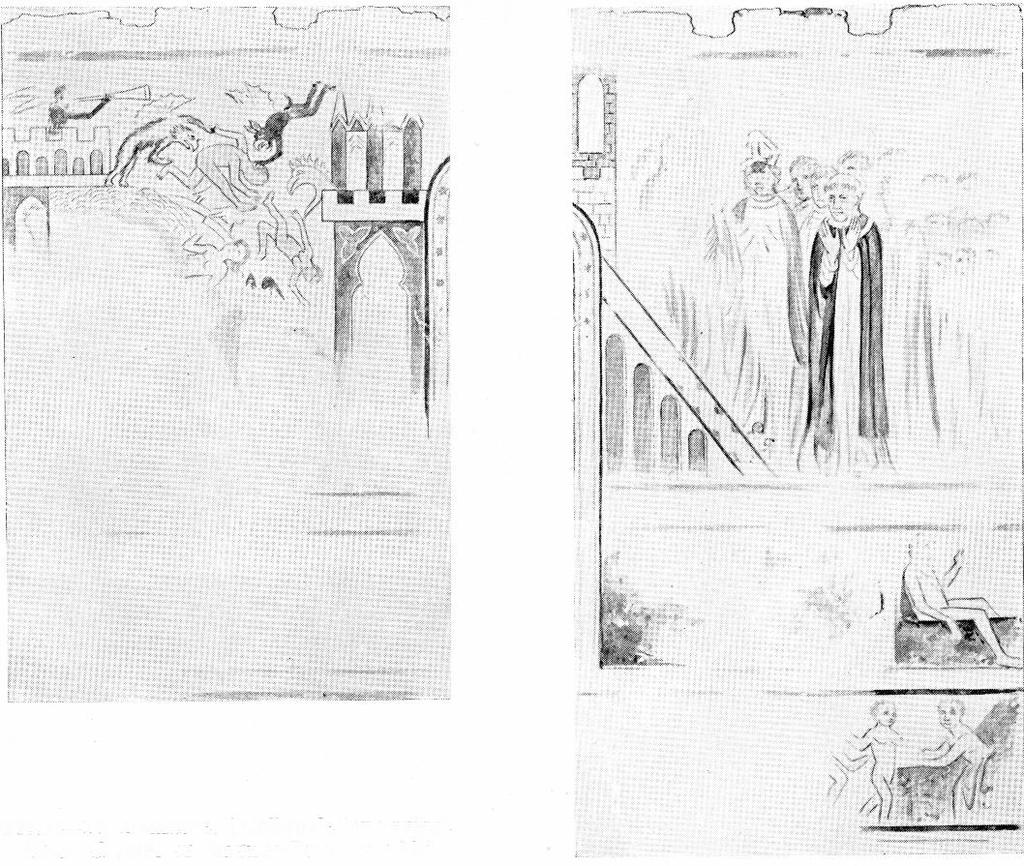 DANMARE KIRKE 333 Fig. 9 10. Danmare. Kalkmalerier i skibet. Efter akvarel af Magnus-Petersen 1896.
