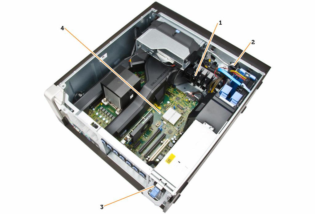 Figur 3. T5810 computeren set indvendigt 1. PCIe-kortklemme 2. indbygget højtaler 3. strømforsyningsenhed 4.