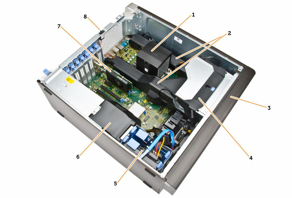 Figur 2. T5810 computeren set indvendigt 1. kølelegeme med integreret blæser 2. hukommelsessvøb 3. frontfacet 4.