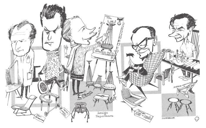 As a funny job on the side, Olof Ottelin had a sharp pen for caricatures, where he would depict himself and fellow Finnish Designers for the Magazine Kaunis Koti.