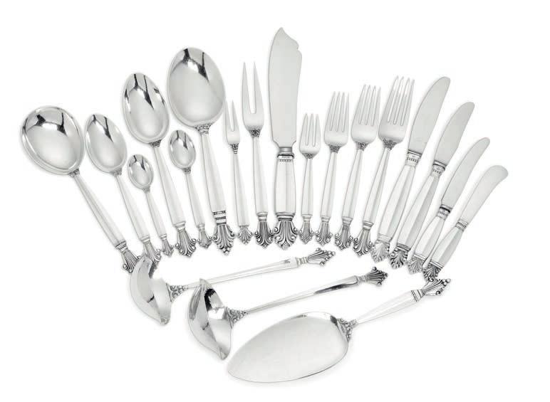1034 JOHAN ROHDE b. Randers 1856, d. Hellerup 1935 "Acanthus". Sterling silver cutlery. Georg Jensen 1915-1930, 1945-1951 and after 1945. Deigned 1917. Weight excluding pieces with steel 4519 gr.