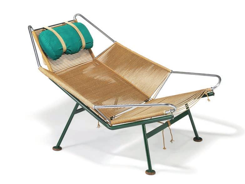 1082 HANS J. WEGNER b. Tønder 1914, d. Gentofte 2007 "The Flag Halyard Chair". Easy chair with original green lacquered steel frame with wooden "shoes". Chromed steel top with flag halyard.