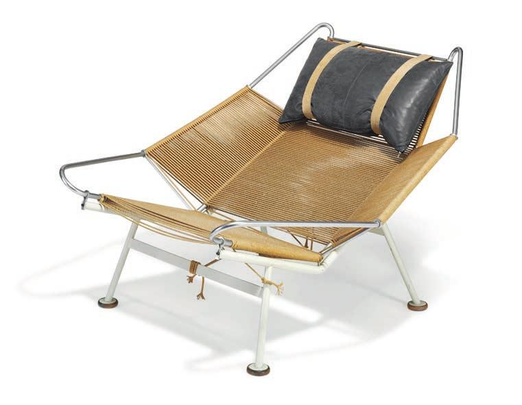 1083 HANS J. WEGNER b. Tønder 1914, d. Gentofte 2007 "The Flag Halyard Chair". Easy chair with original white lacquered steel frame and wooden "shoes". Chromed steel top with flag halyard.