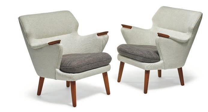 1113 KURT OLSEN Freestanding three seater sofa and a pair of matching easy chairs with round, tapering