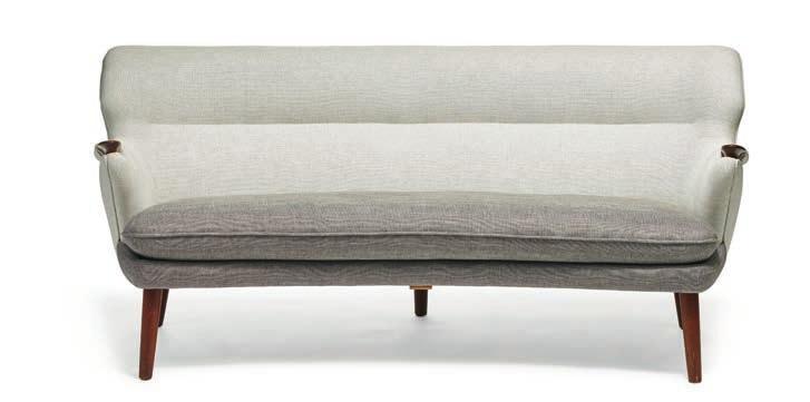 Sides and back upholstered with light wool, seat and loose cushion upholstered with greyish brown wool.