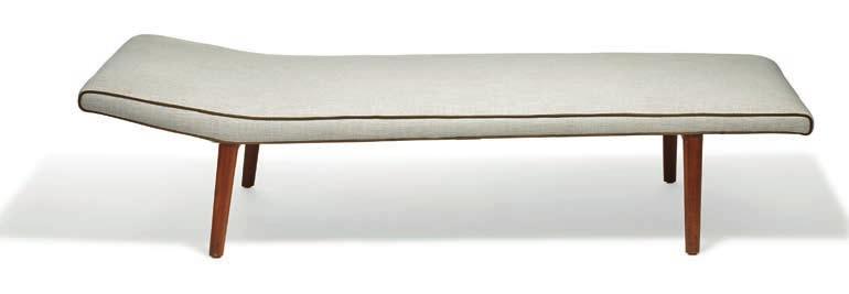 Mattress with slightly angled headrest upholstered with light fabric, brown leather edgings. Designed 1956. This example made late 1950s by cabinetmaket Peder Pedersen. H. 41/46 cm. L. 183 cm. W.