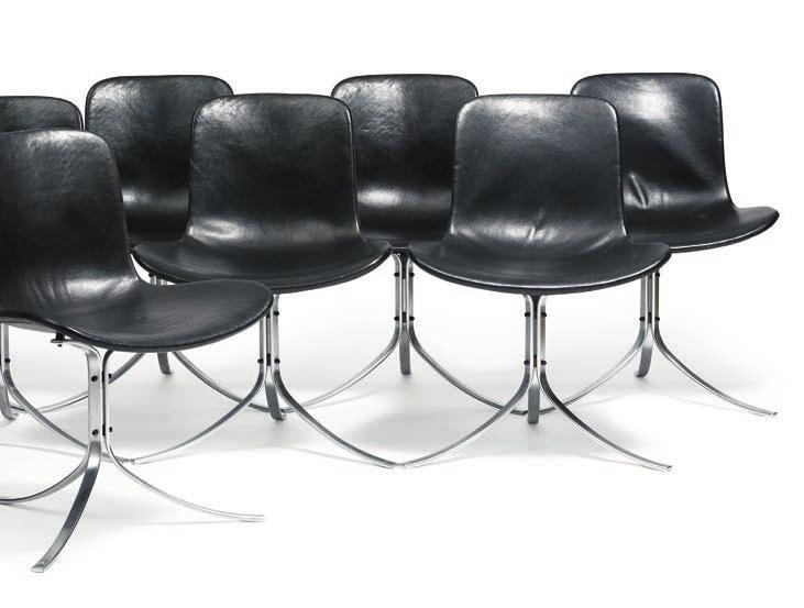 1139 POUL KJÆRHOLM b. Østervrå 1929, d. Hillerød 1980 "PK 9". A set of eight chairs with chromed steel frame. Seat and back upholstered with black leather. Designed 1960.