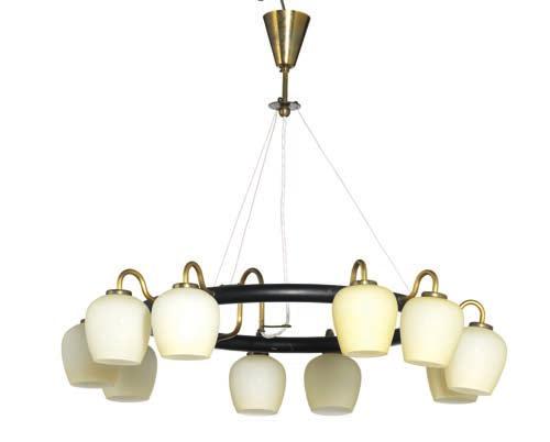 1157 VILHELM LAURITZEN b. Slagelse 1894, d. Gentofte 1984 Ring chandelier with ten frosted opal glass shades mounted in pairs on brass frame, ring black painted.