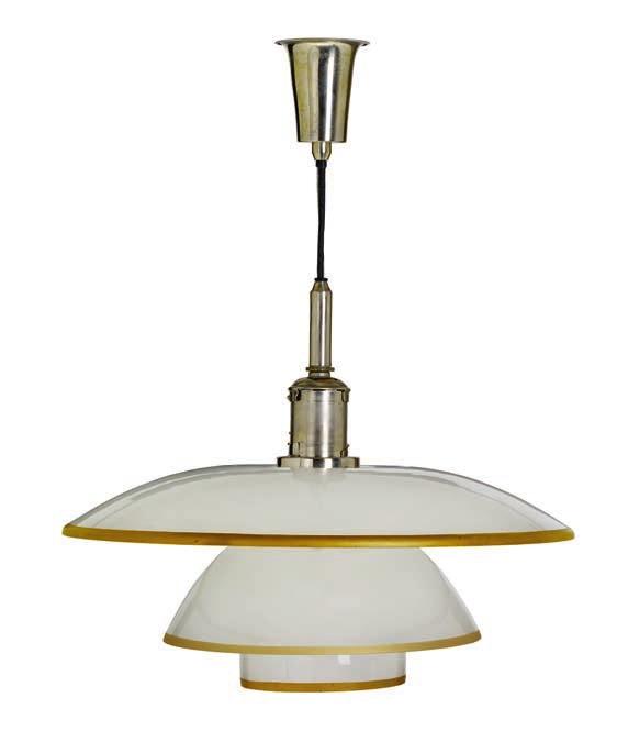 1165 1165 POUL HENNINGSEN b. Ordrup 1894, d. Hillerød 1967 "PH-5/5". Pendant with chromed bayonet socket house and canopy, shades of frosted glass with golden rim.