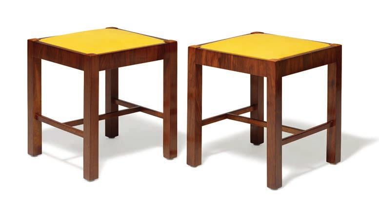 1166 EDVARD KINDT-LARSEN b. Frederiksberg 1901, d. Gentofte 1982 A pair of Caucasian walnut stools with cross-stretchers. Seat upholstered with yellow Niger leather.