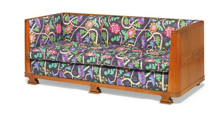 1170 SWEDISH DESIGN Freestanding three seater "Swedish Grace" sofa with patinated oak frame, carved ornamentation on sides, back and legs.