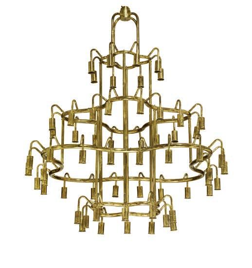 1175 ERIK HERLØW, ATTRIBUTED b. 1913, d. 1991 A pair of giant patinated brass chandeliers, mounted in four levels with 60 lights each. These examples manufactured approx. 1950s. H 125. cm. Diam. ca.